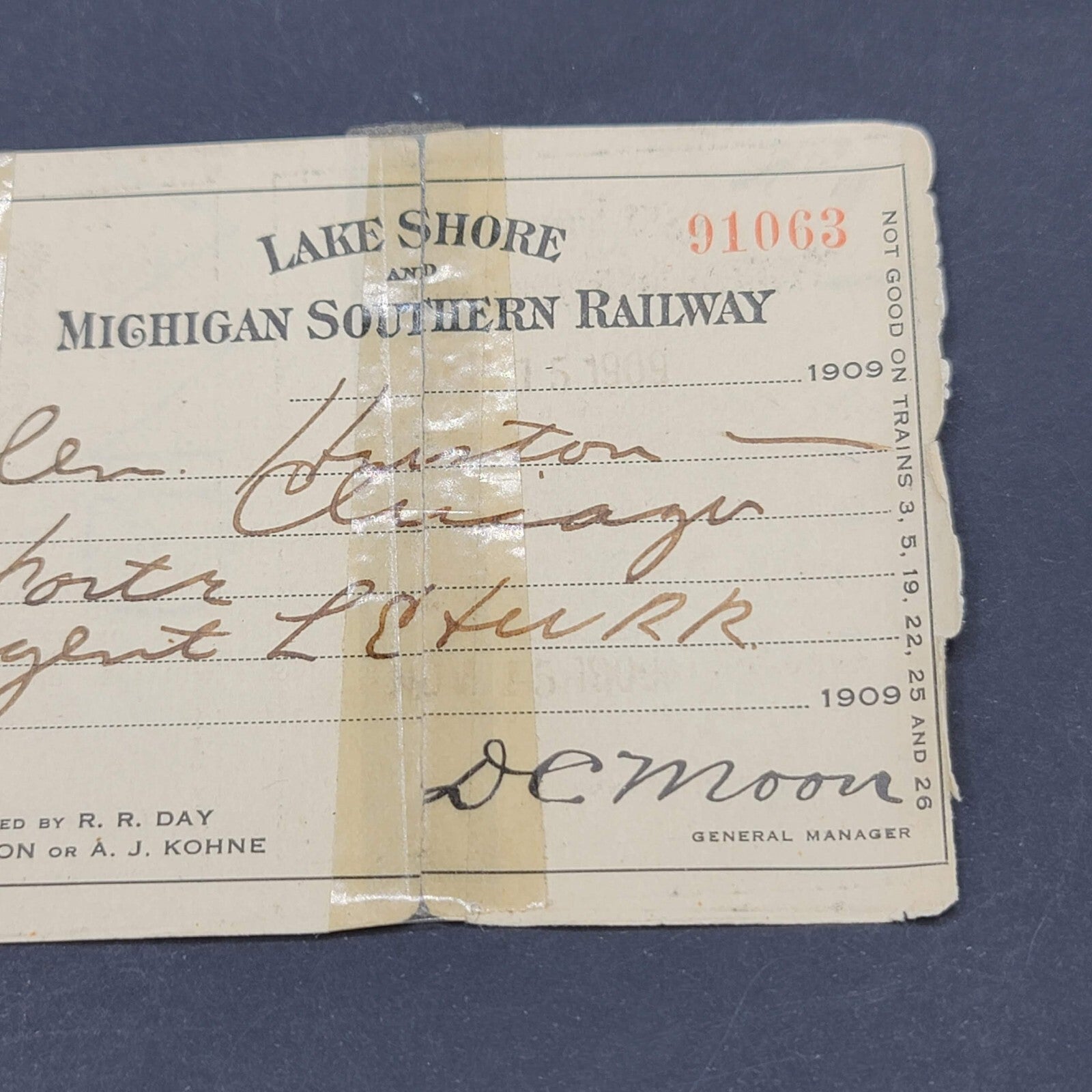 1909 Lake Shore Railroad Ticket Railway Antique Vintage Train Pass Rare